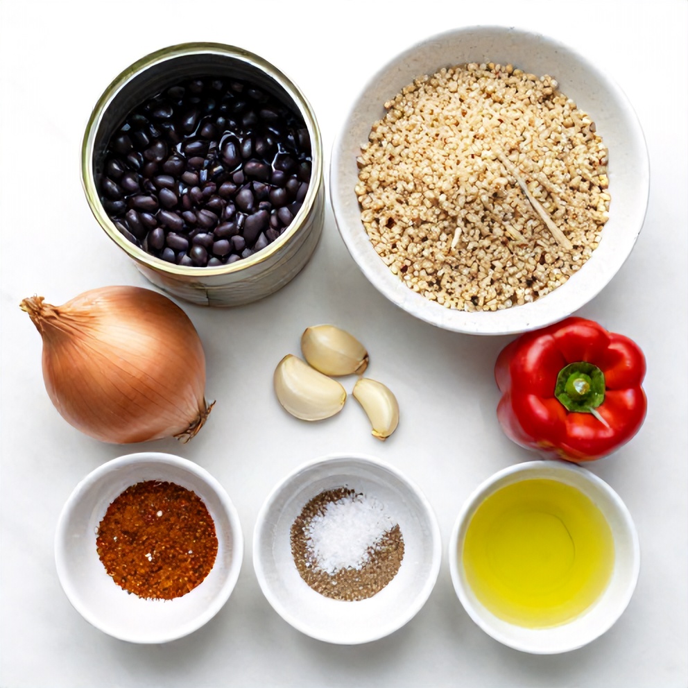 Raw ingredients for Black Bean Quinoa Burgers: black beans, quinoa, bell pepper, onion, garlic, etc.