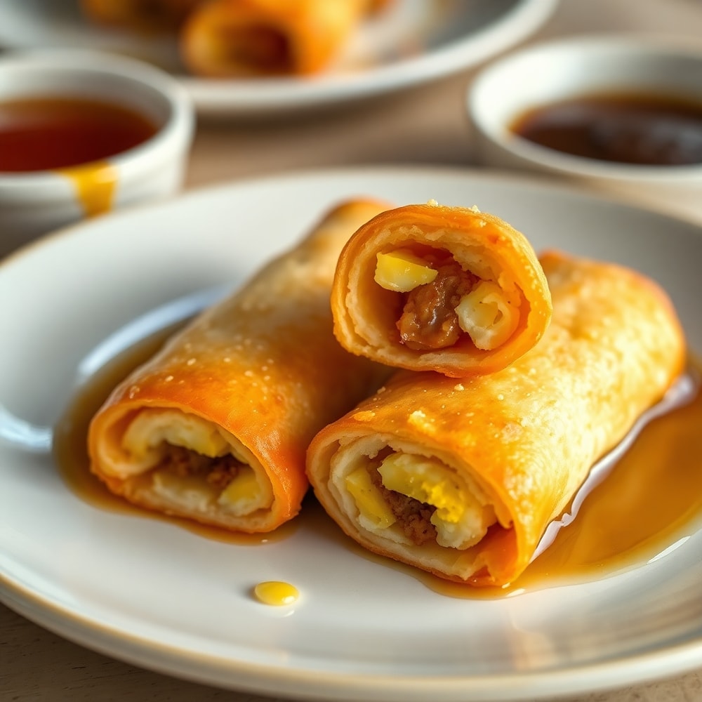 Plated breakfast egg rolls with a side of syrup