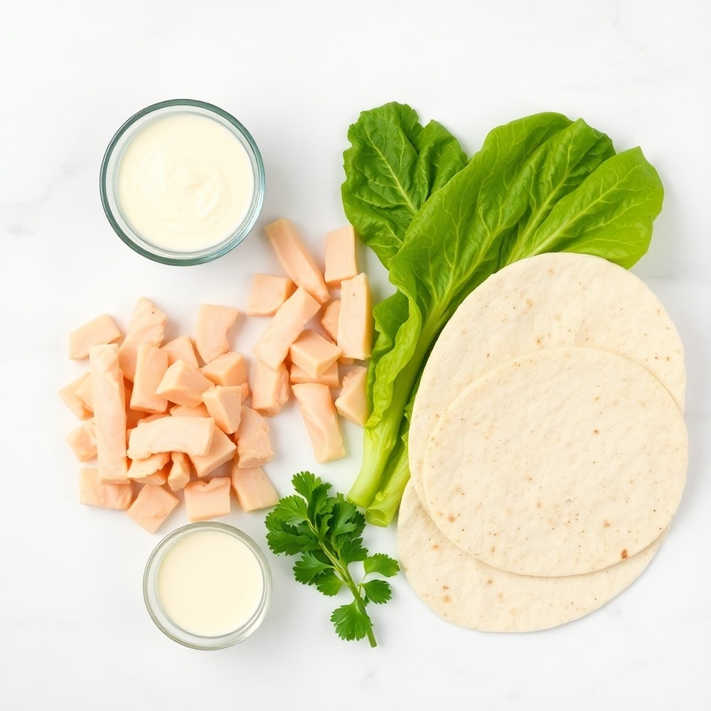 Raw ingredients for Crispy Caesar Wrap: chicken, romaine, Caesar dressing, tortilla