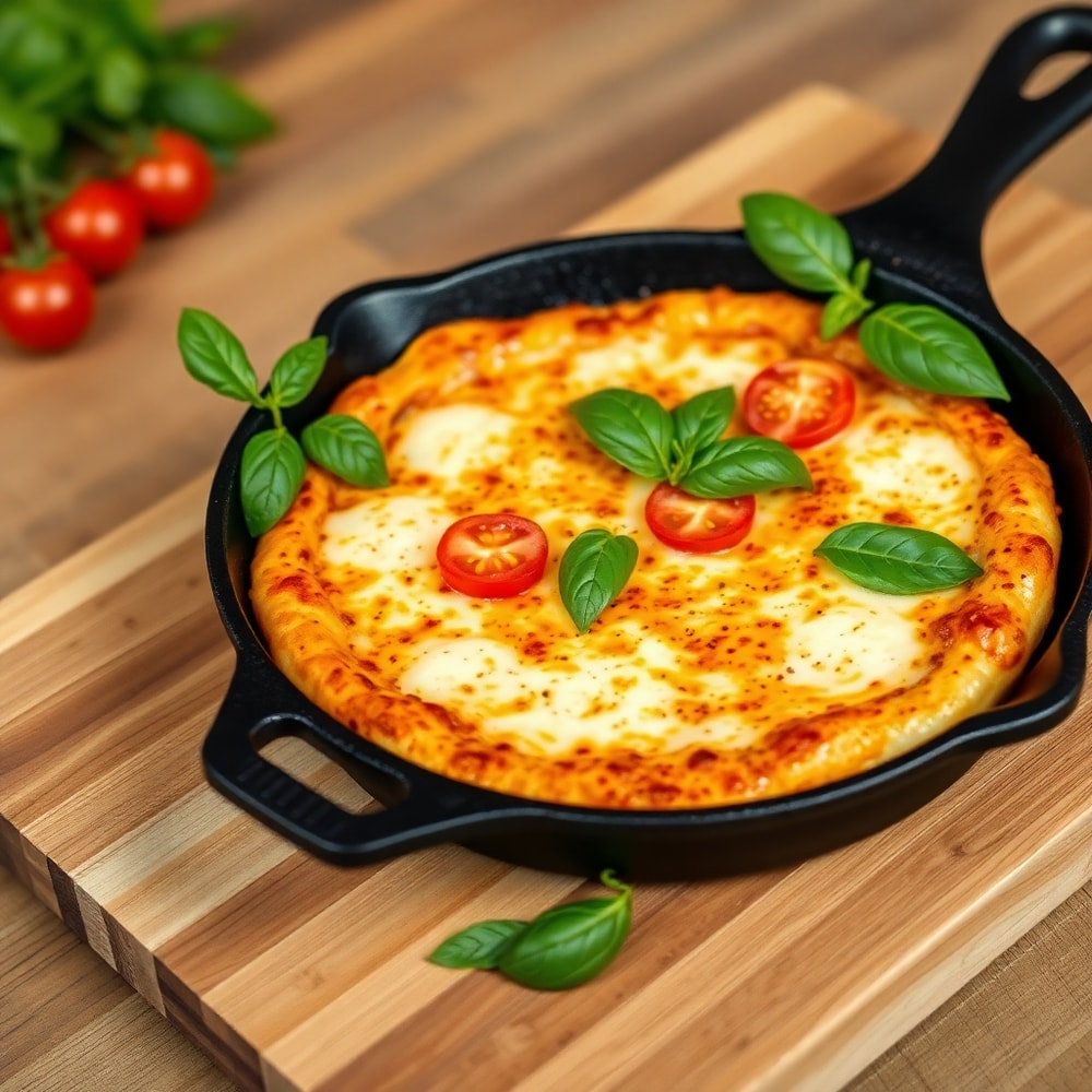 Sliced Crispy Cast Iron Skillet Pizza on a wooden cutting board