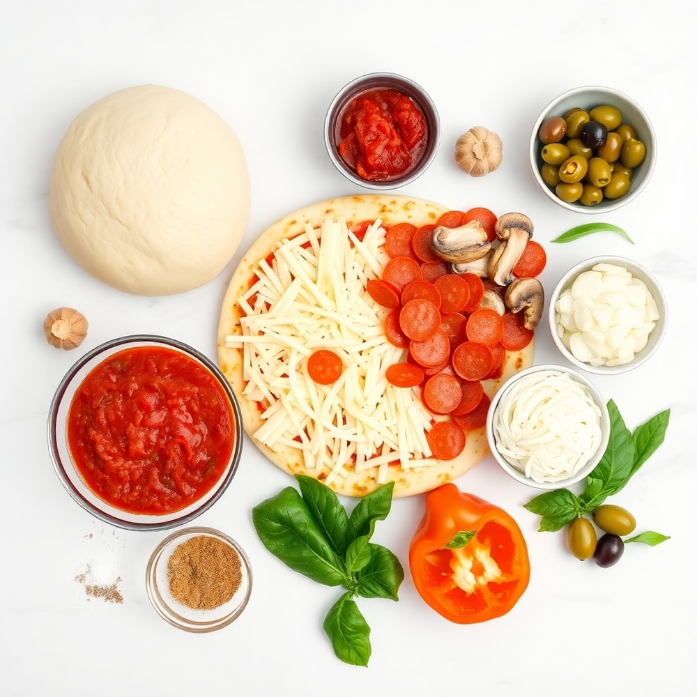 Raw ingredients for Crispy Cast Iron Skillet Pizza on a wooden surface