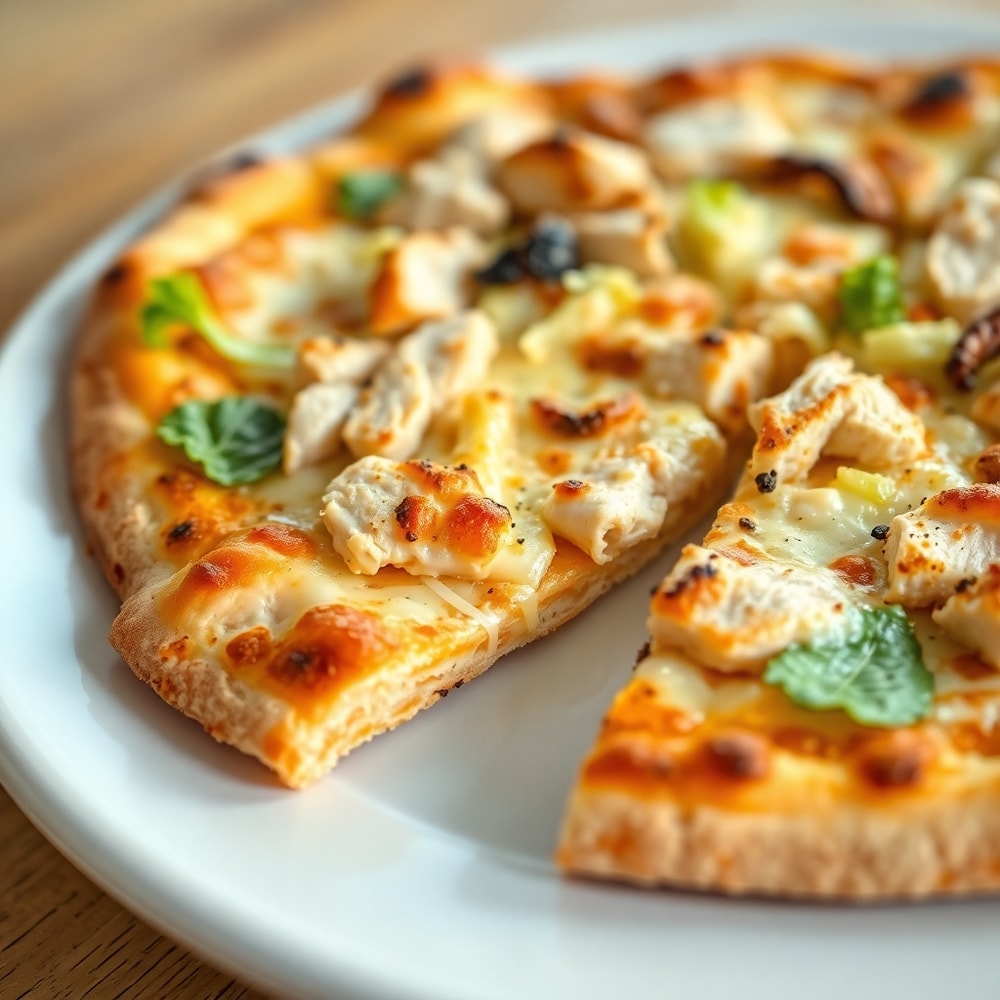 Sliced Chicken Caesar Salad Pizza on a white plate