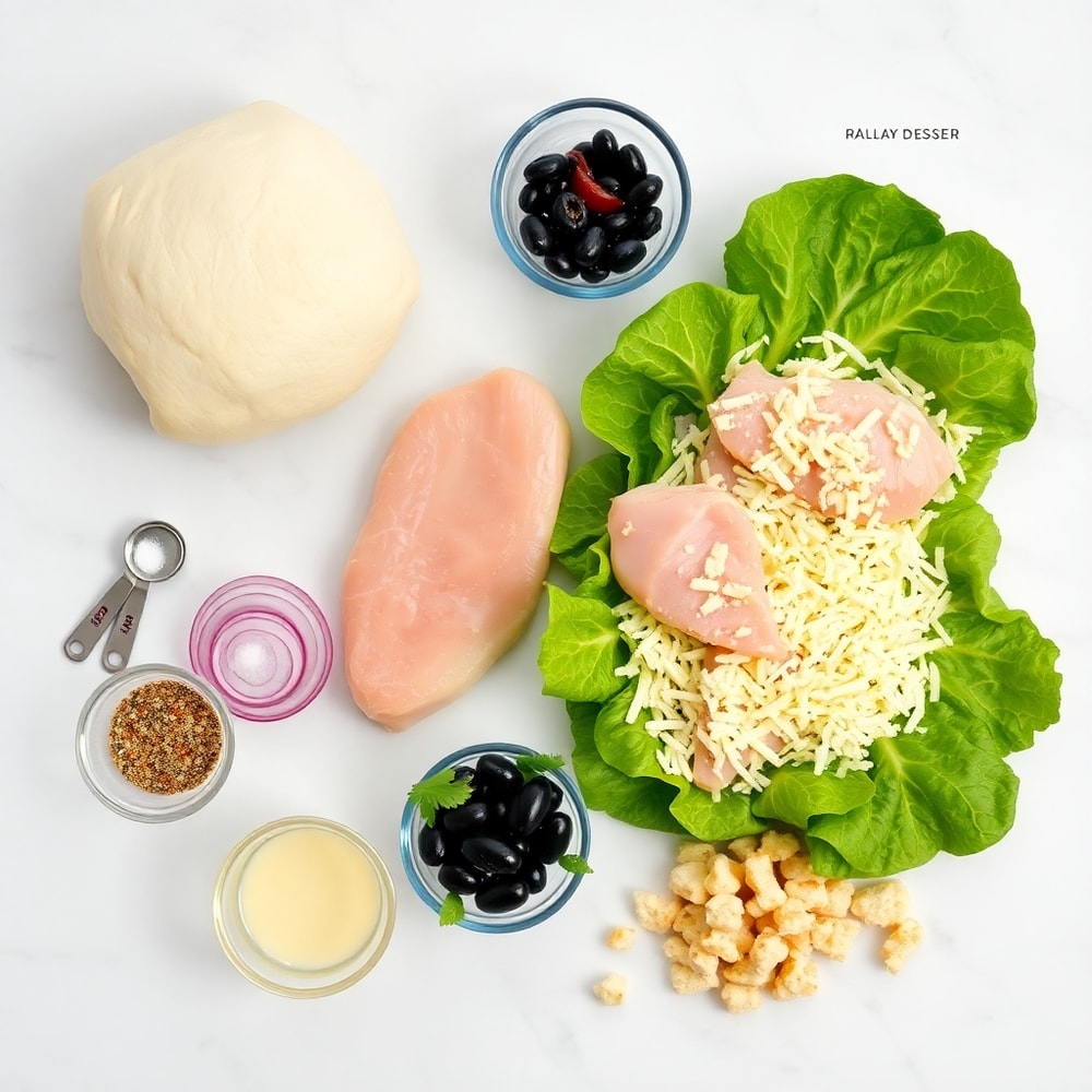 Raw ingredients for Chicken Caesar Salad Pizza on a marble surface