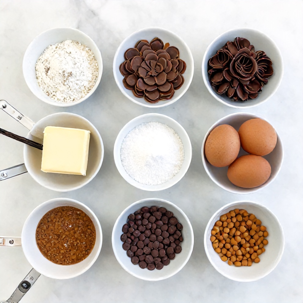 Raw ingredients for Chocolate Caramel Blossoms on a white marble surface