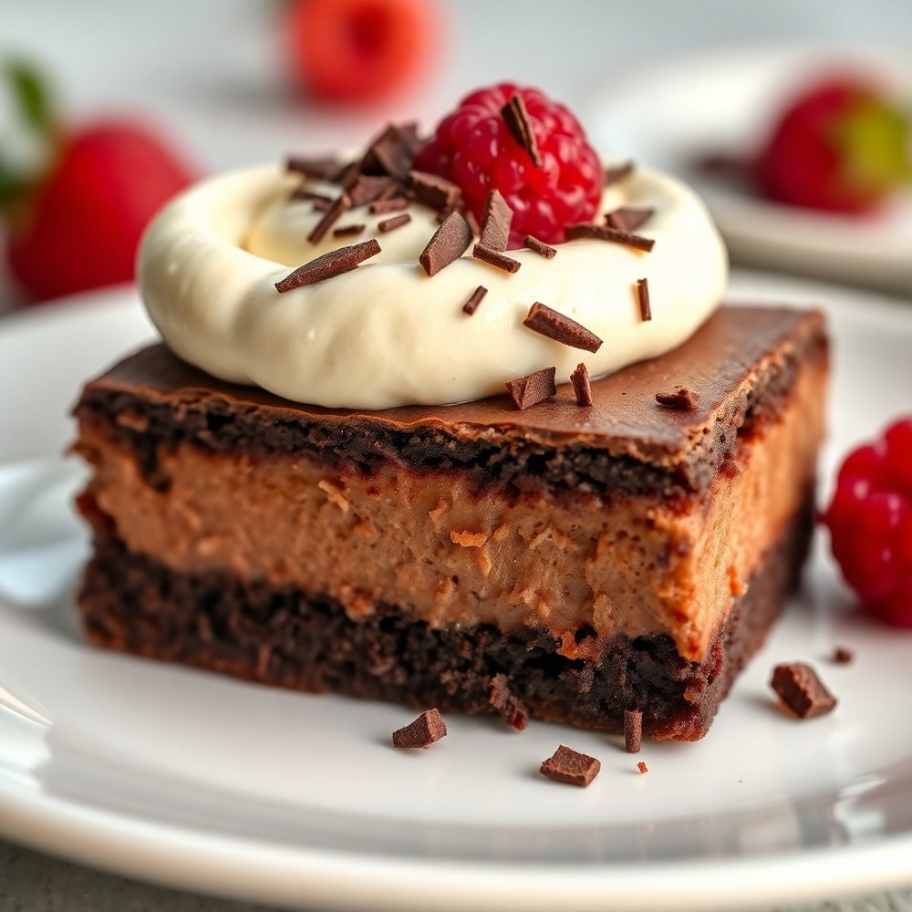 A perfect serving of Chocolate Mousse Brownie on a white plate