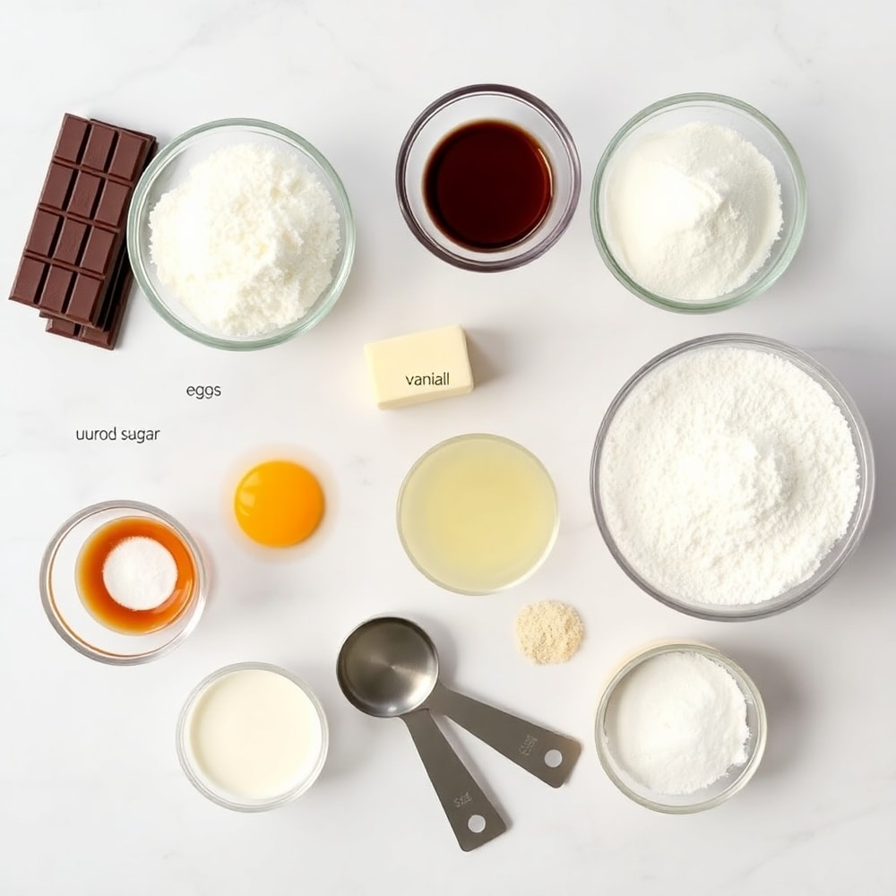 Raw ingredients for Chocolate Mousse Brownies on a white marble surface