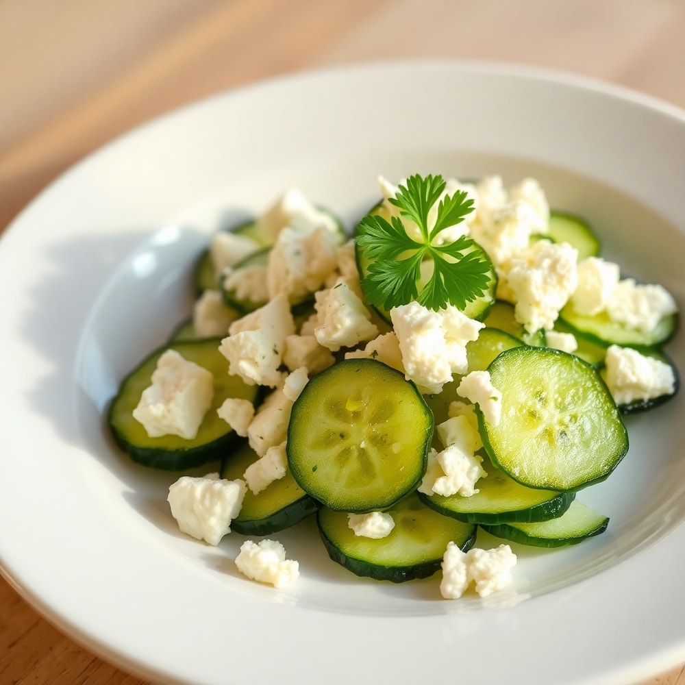 Plated Cucumber Feta Salad with fresh parsley on a white plate