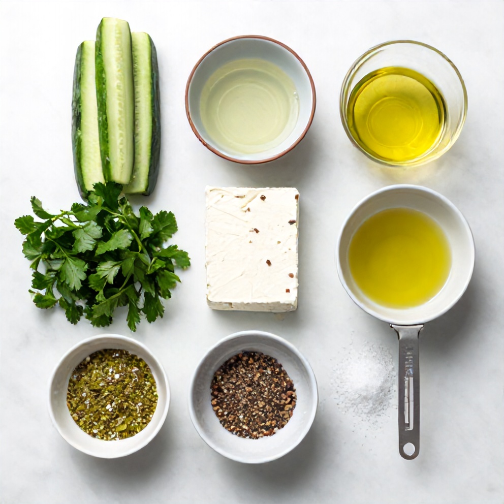 Raw ingredients for Cucumber Feta Salad on a white marble surface