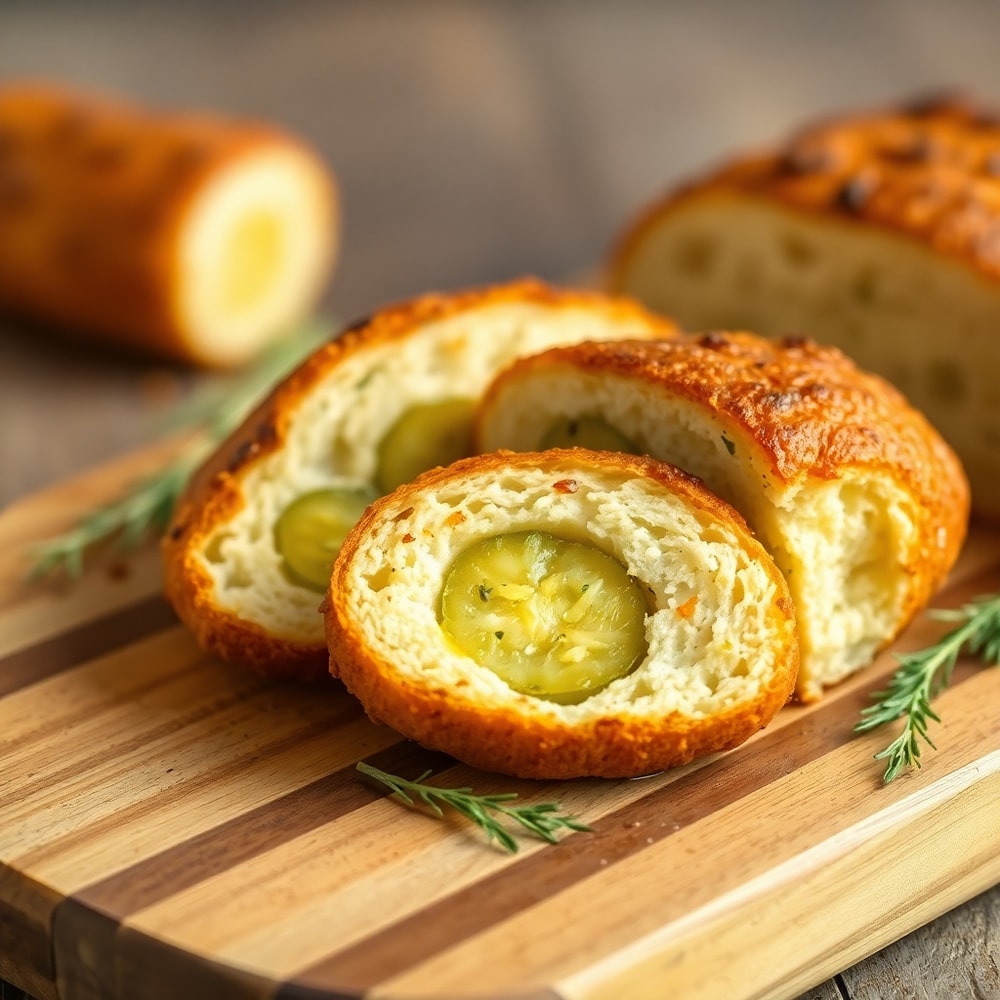 Crispy Dill Pickle Bread sliced and served on a wooden board