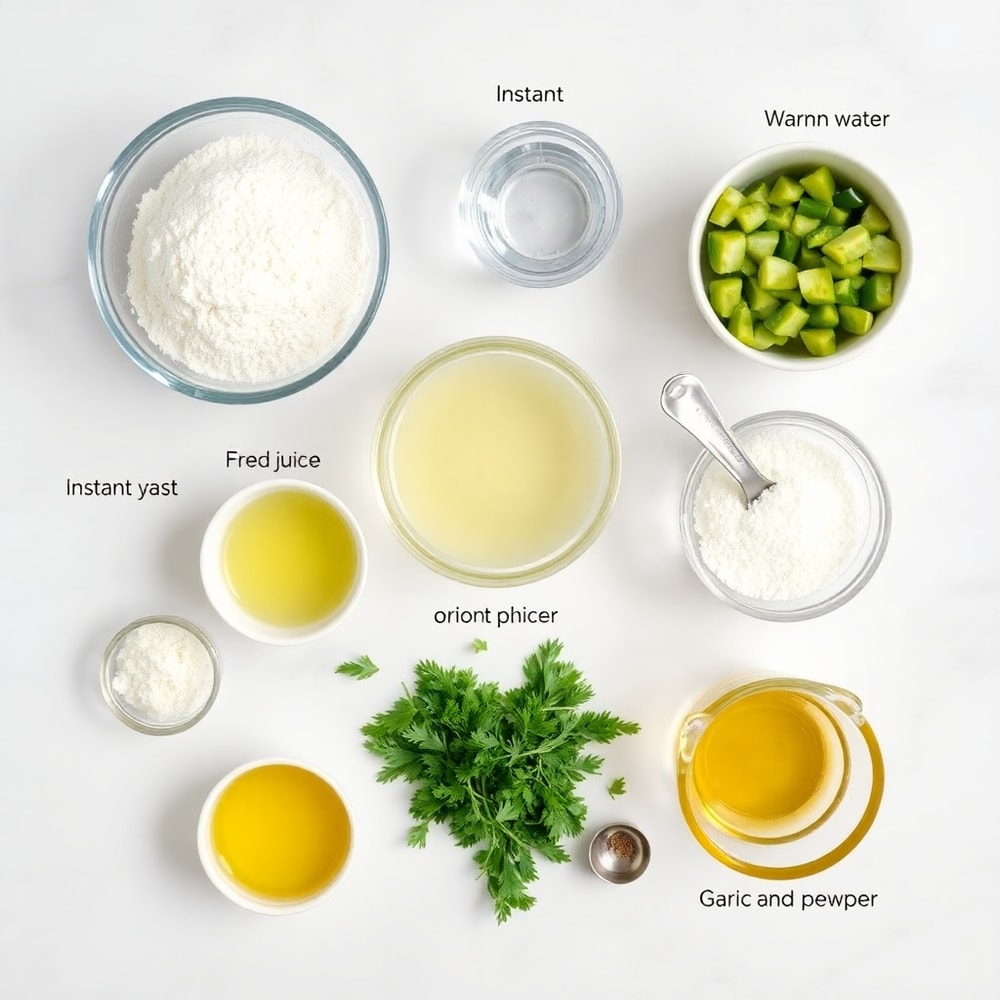 Raw ingredients for Crispy Dill Pickle Bread including flour, yeast, pickles, and dill