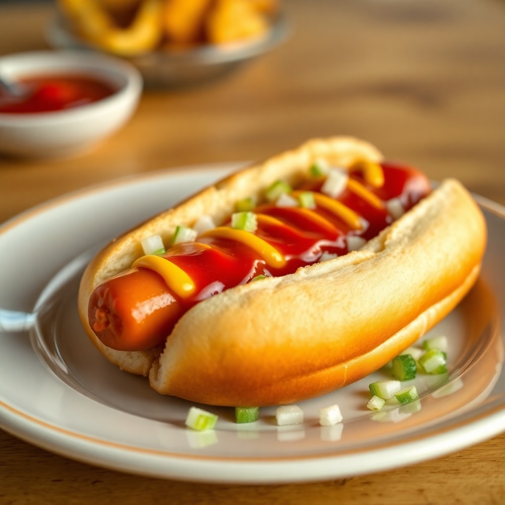 Plated Firecracker Hot Dog with condiments