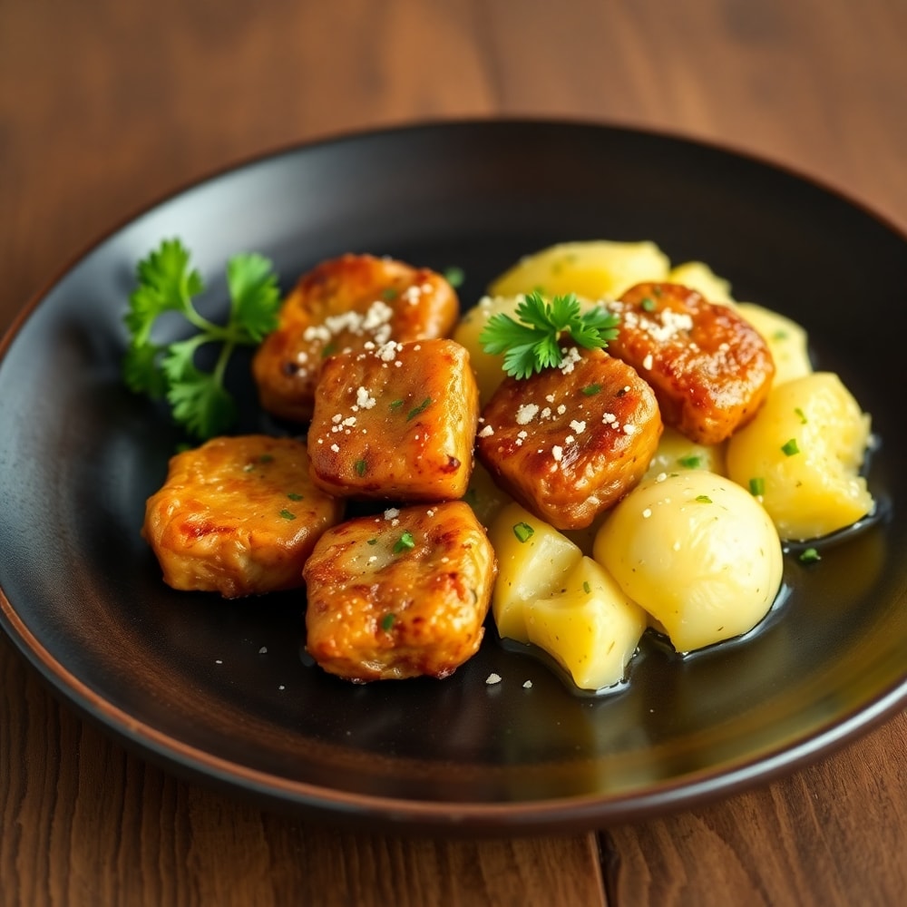 Plated Garlic Butter Steak Bites and Potatoes