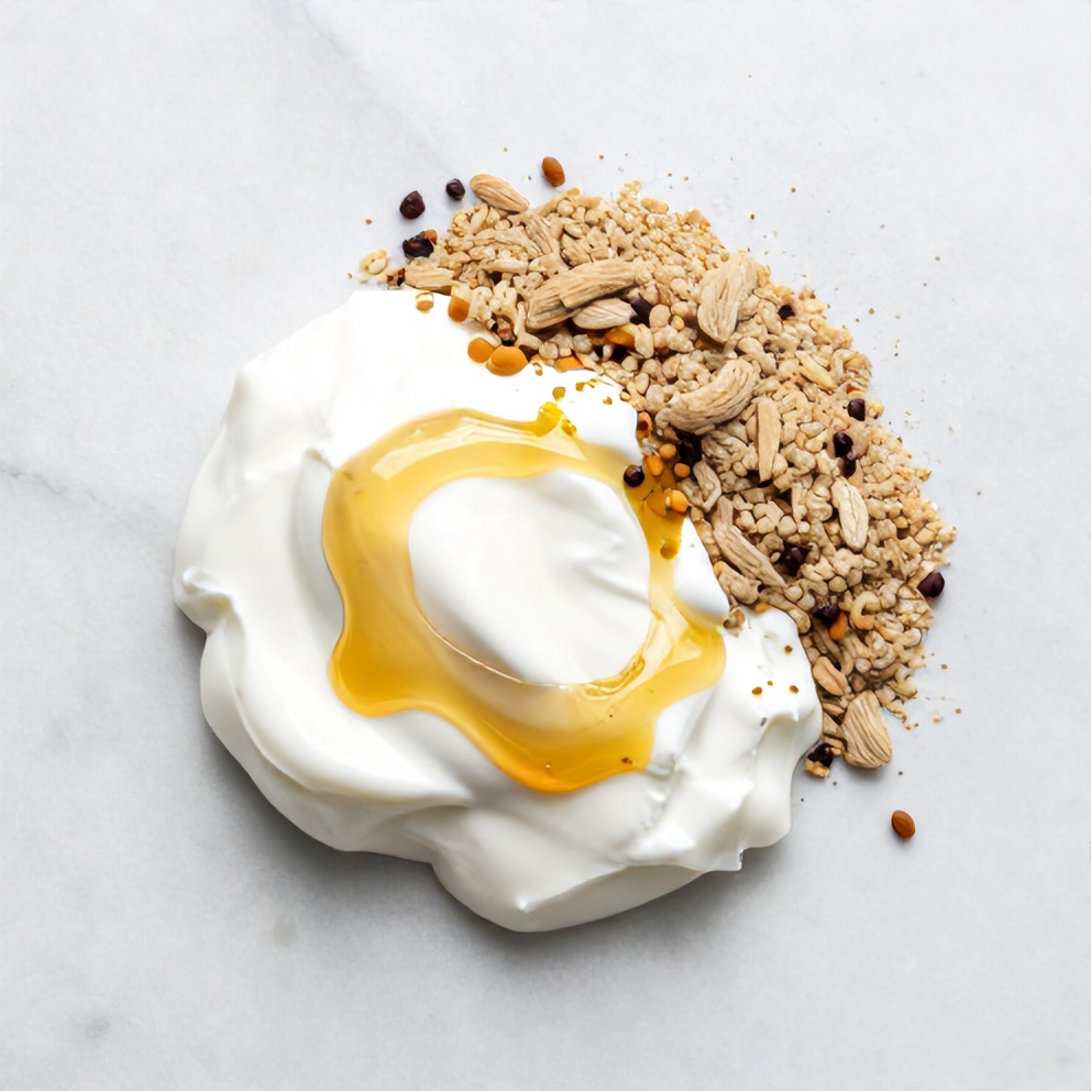 Greek yogurt, honey, vanilla extract, and toppings arranged on a white marble surface