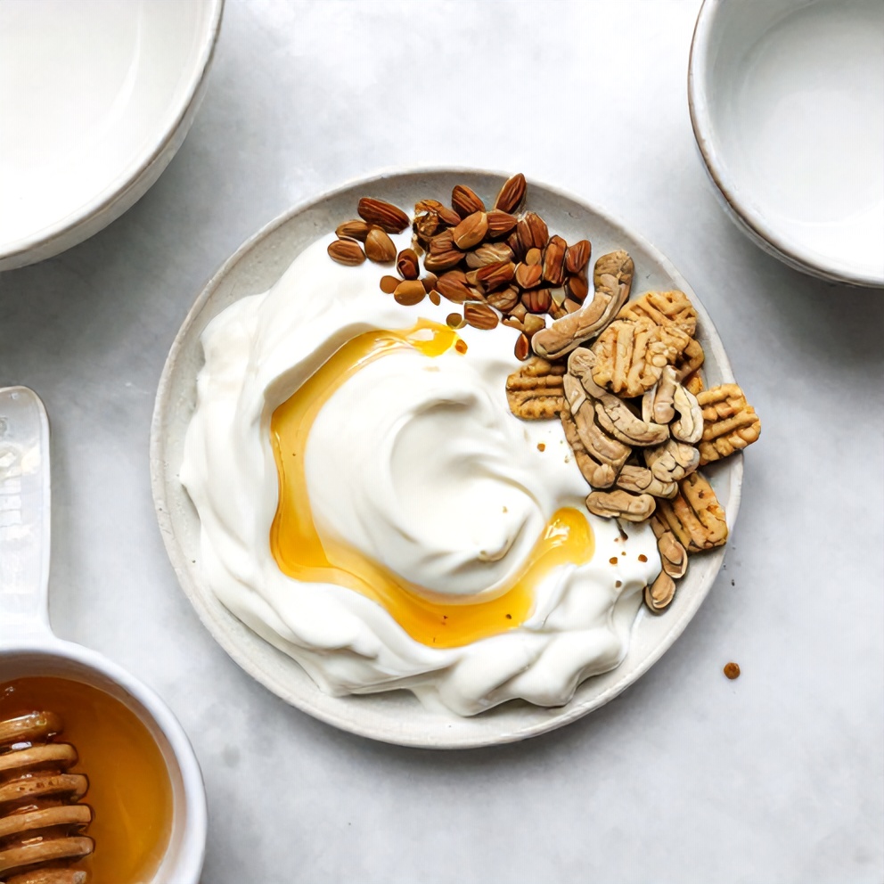 Greek Yogurt, honey, vanilla extract, and toppings arranged in a flat lay