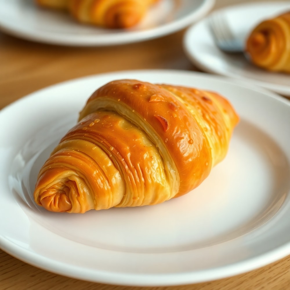 Plated ham and cheese croissant on a white plate