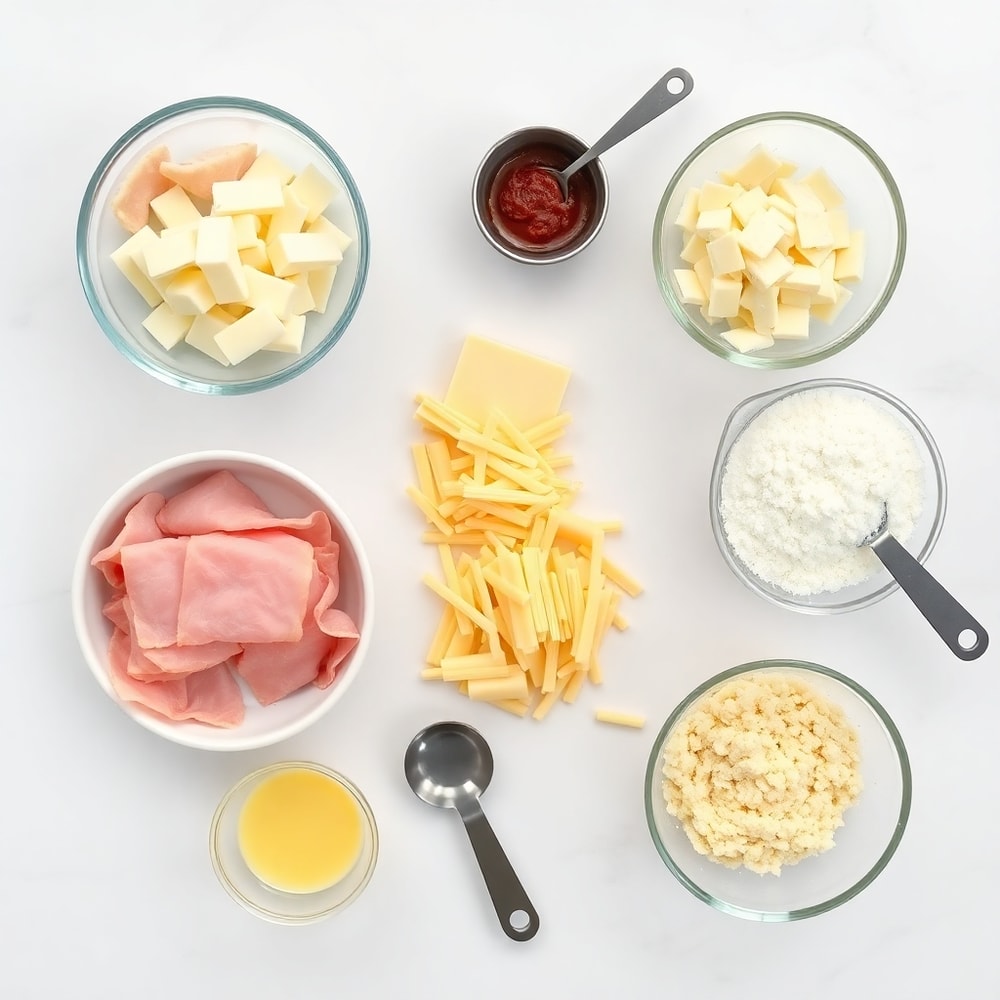 Ham, cheese, croissant dough, and other ingredients for ham and cheese croissant