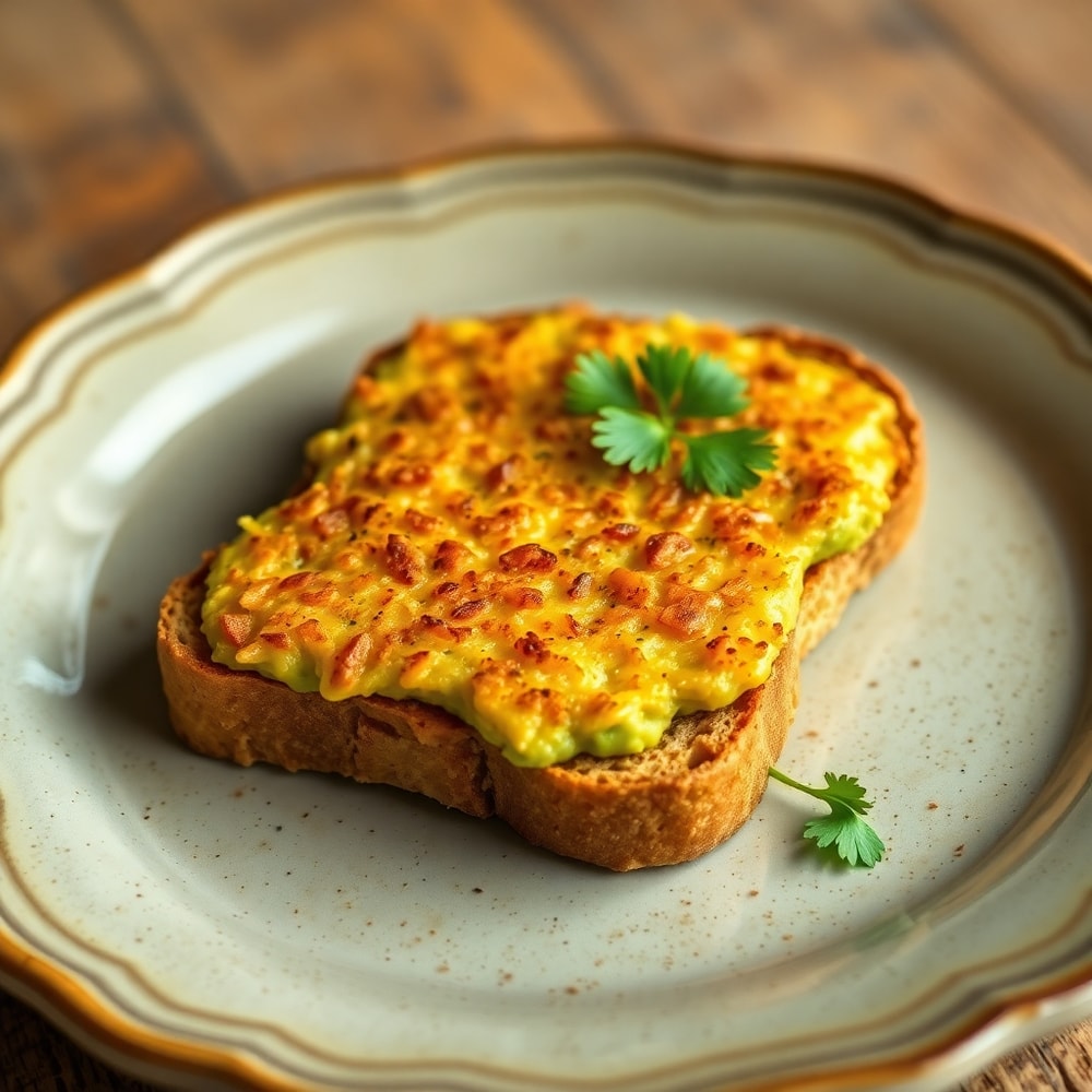 Crispy hash brown avocado toast plated on a vintage ceramic plate