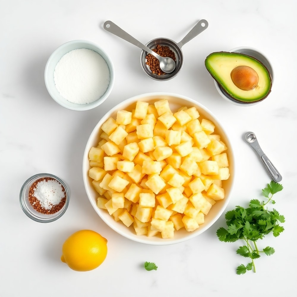 Hash brown avocado toast ingredients on a white marble countertop