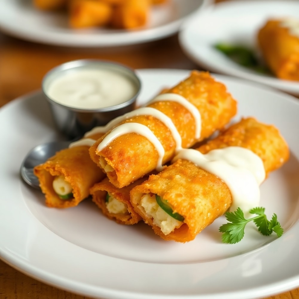 Plated Jalapeño Popper Egg Rolls with ranch dressing