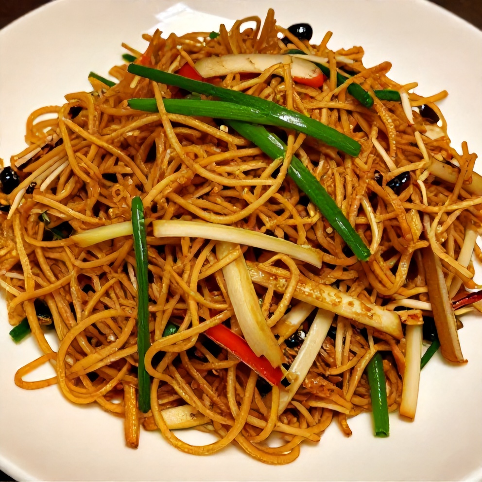 Plated Japchae with green onions