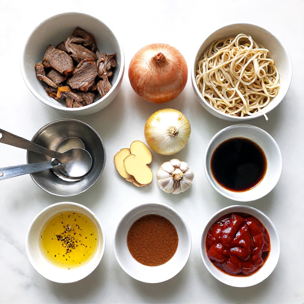Raw ingredients for Korean Noodles on a marble surface