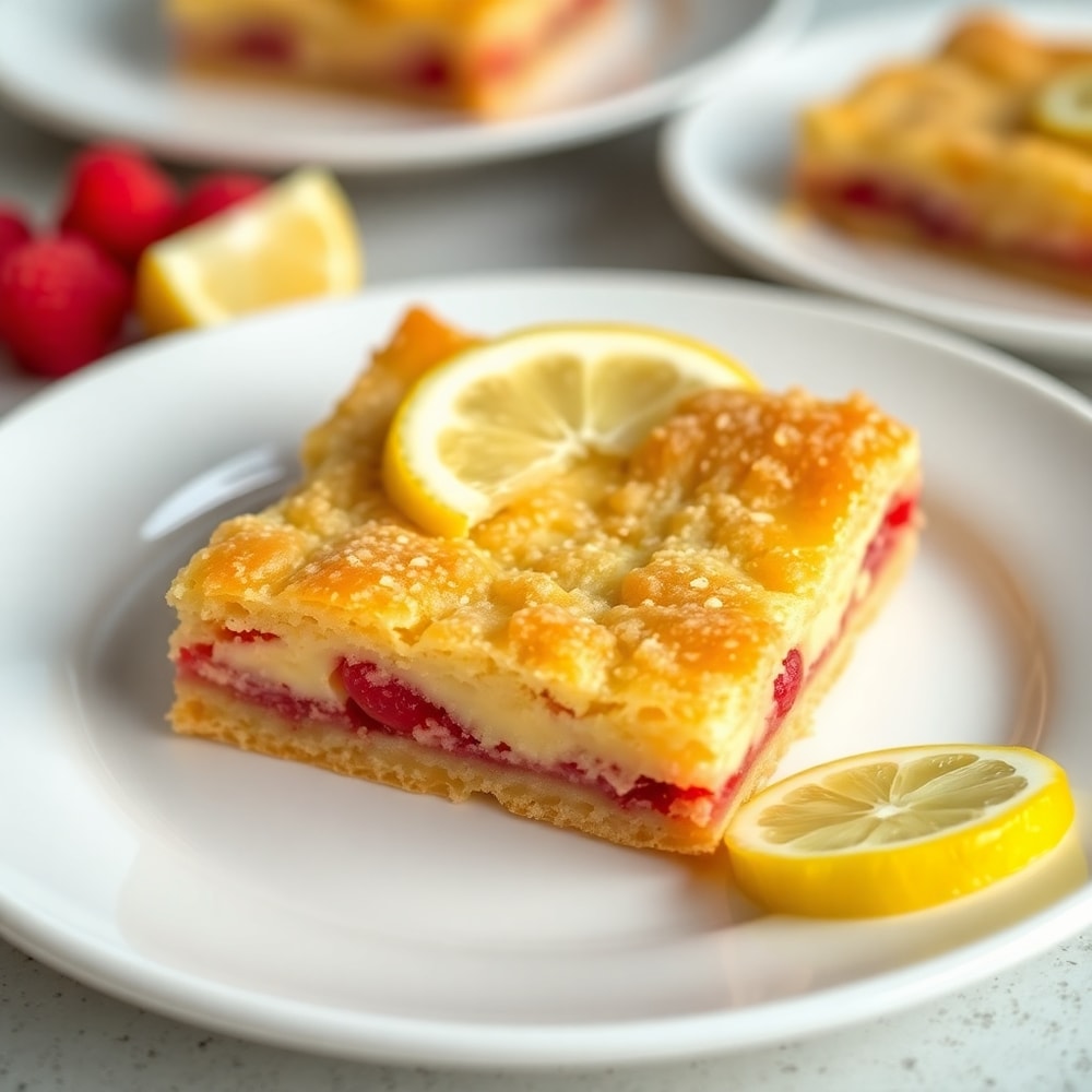 Lemon Raspberry Bars on a white plate with a lemon slice garnish