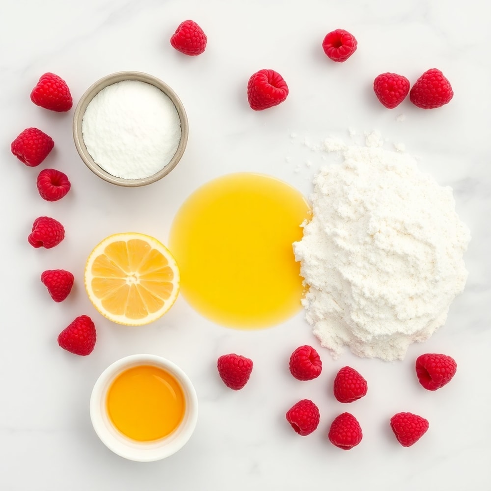 Raw ingredients for Lemon Raspberry Bars on a white marble surface