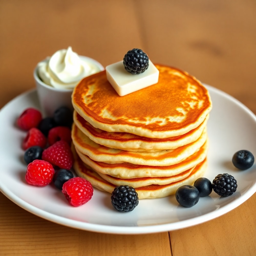 Stack of crispy Lion Pancakes with a side of fresh berries