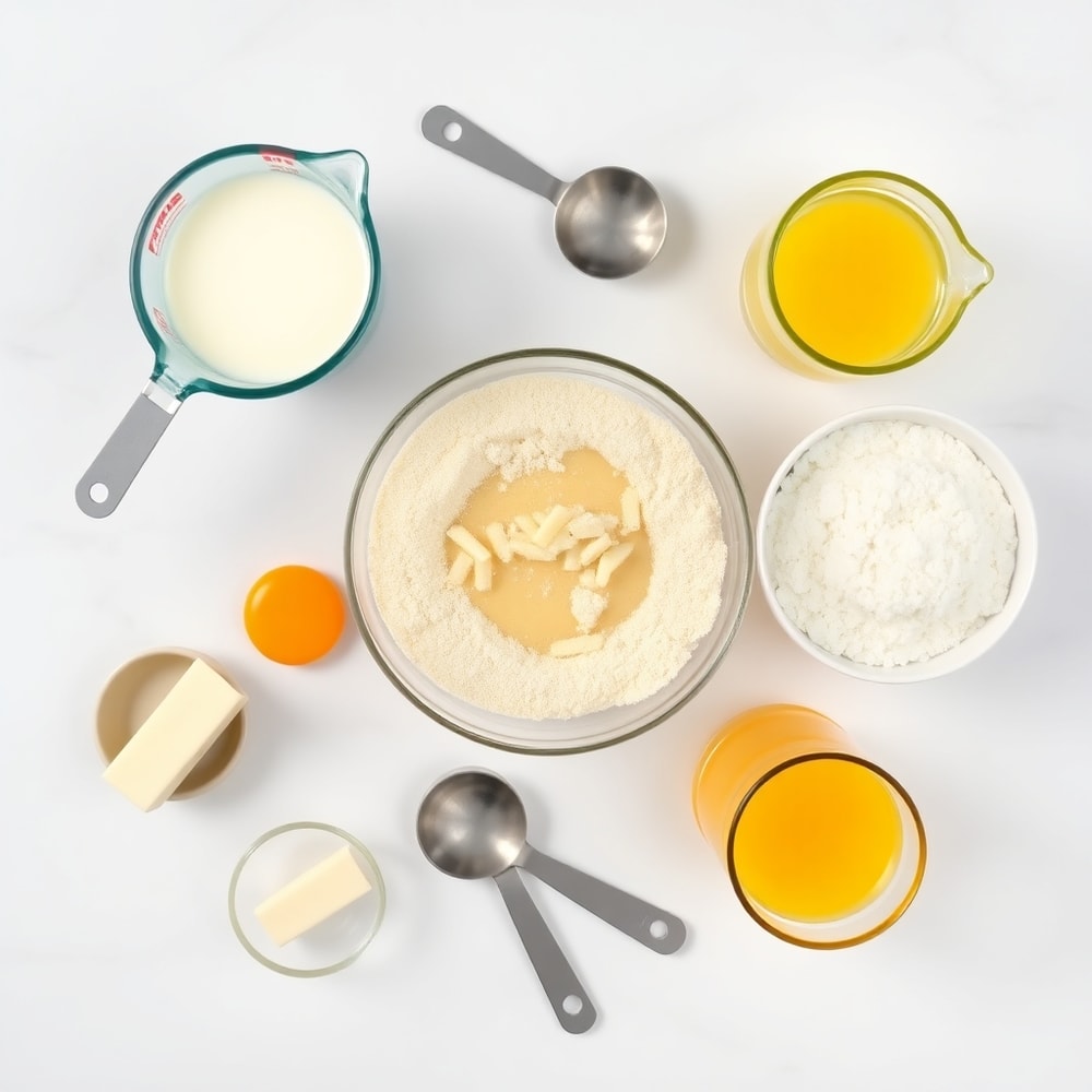 Bowl of pancake mix, eggs, milk, butter, and a secret ingredient