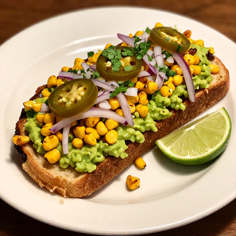 Plated Mexican Street Corn Avocado Toast with a lime wedge on a white plate