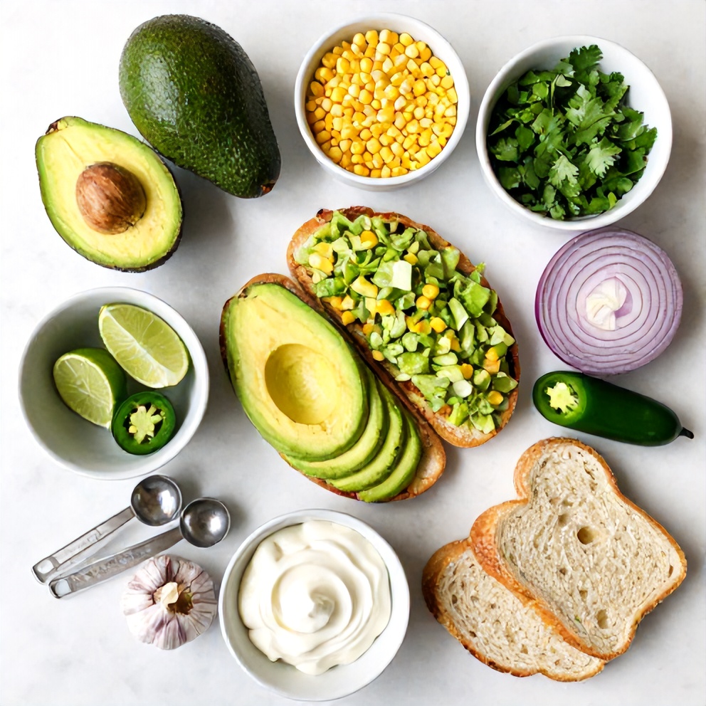 Raw ingredients for Mexican Street Corn Avocado Toast on a marble surface