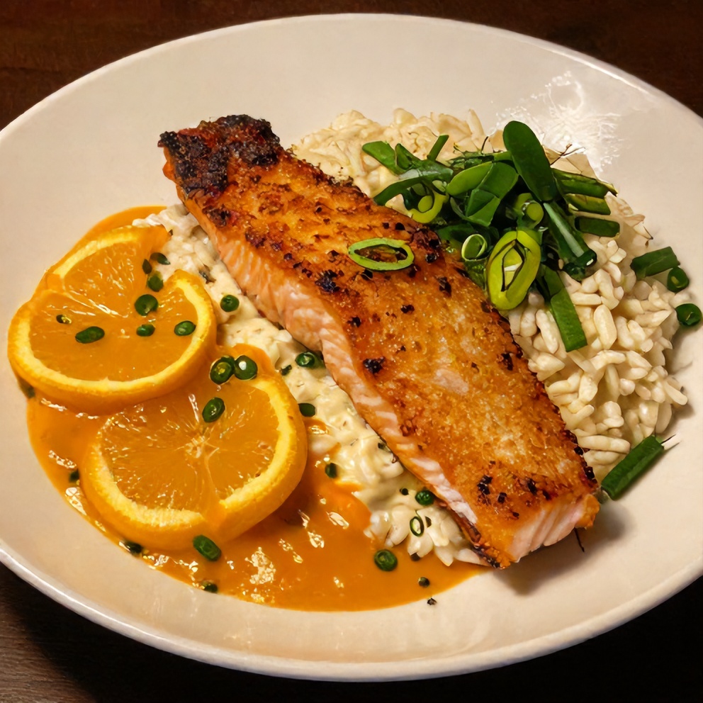 Crispy Orange Salmon Bowl with green onions