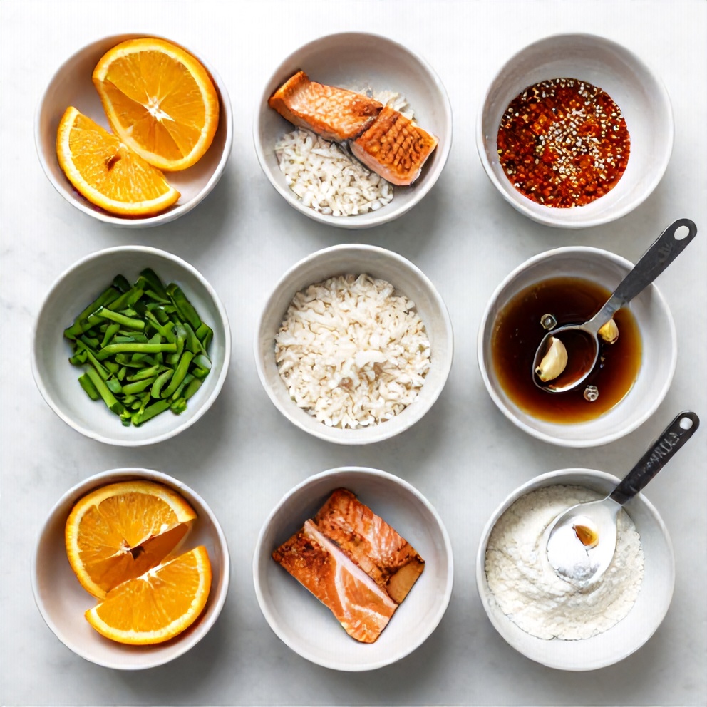 Raw ingredients for Crispy Orange Salmon Bowls