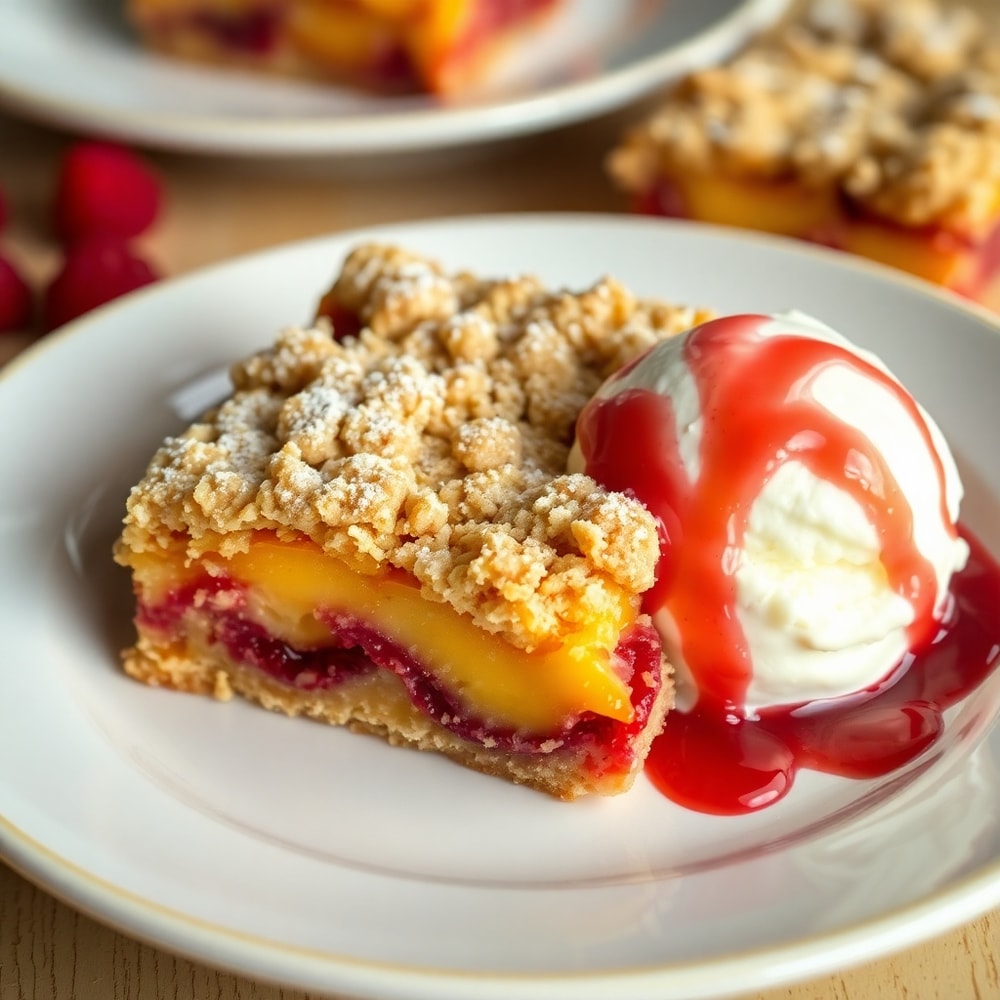 Plated serving of Crispy Peach Raspberry Crumb Bars