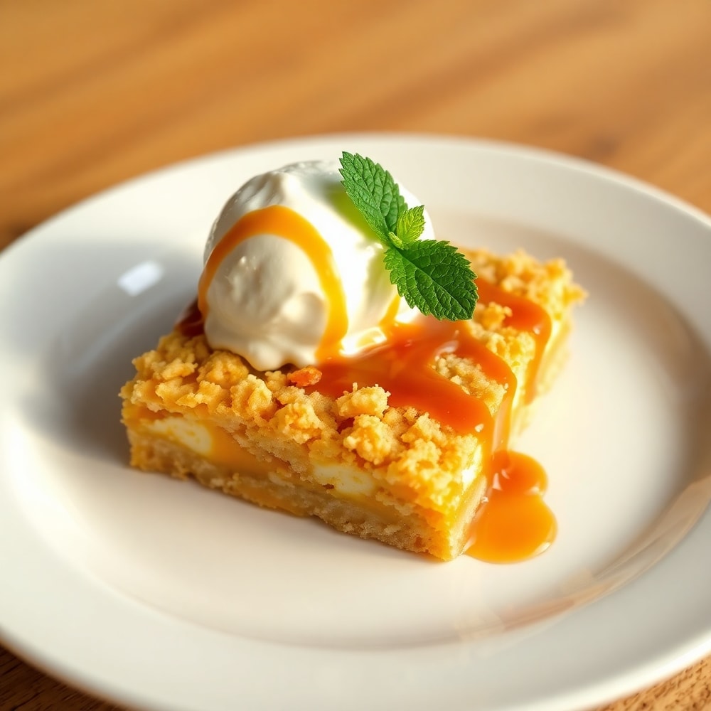 A single serving of Peaches and Cream Crumble Bars on a dessert plate