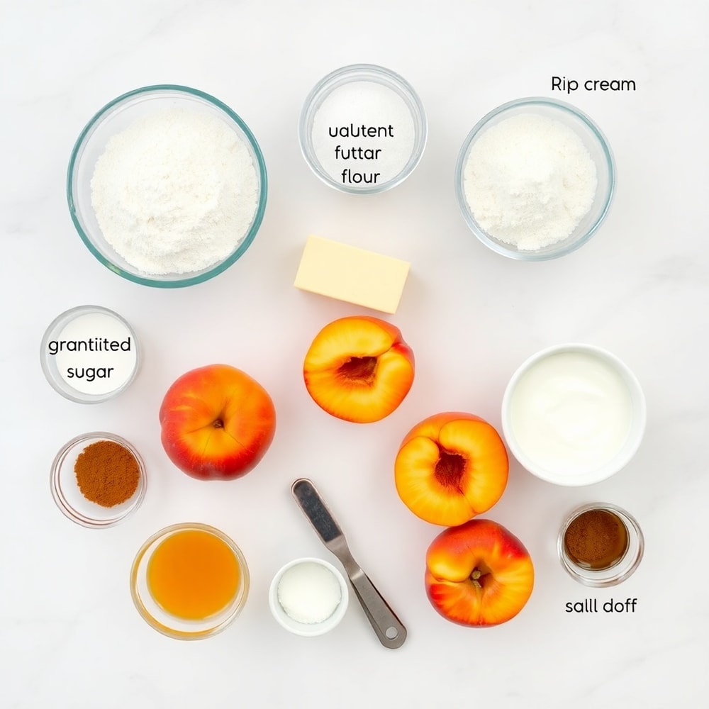 Raw ingredients for Peaches and Cream Crumble Bars on a marble surface