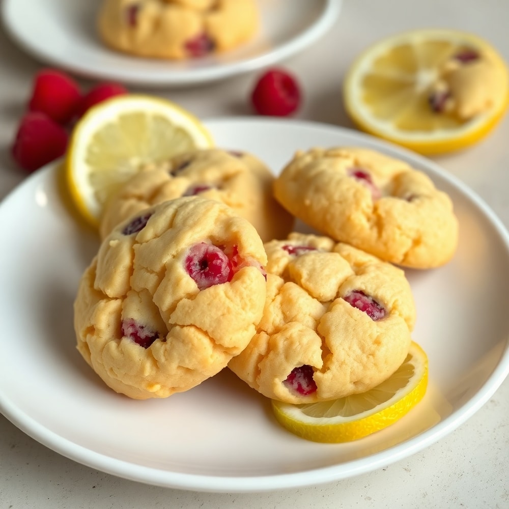 Raspberry Lemon Cookies on a white plate with a lemon slice