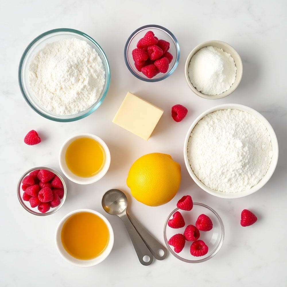 Raspberry Lemon Cookies ingredients on a marble surface