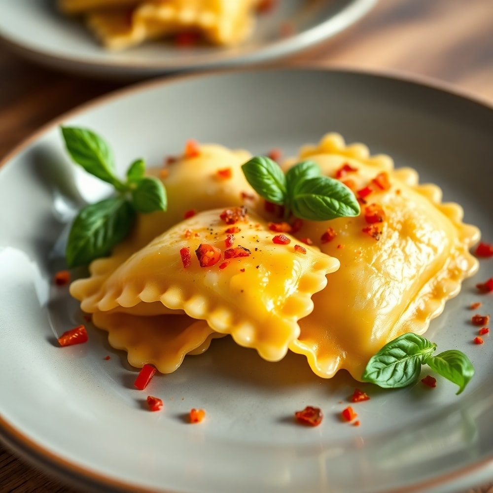 Plated crispy ravioli appetizer with garnish