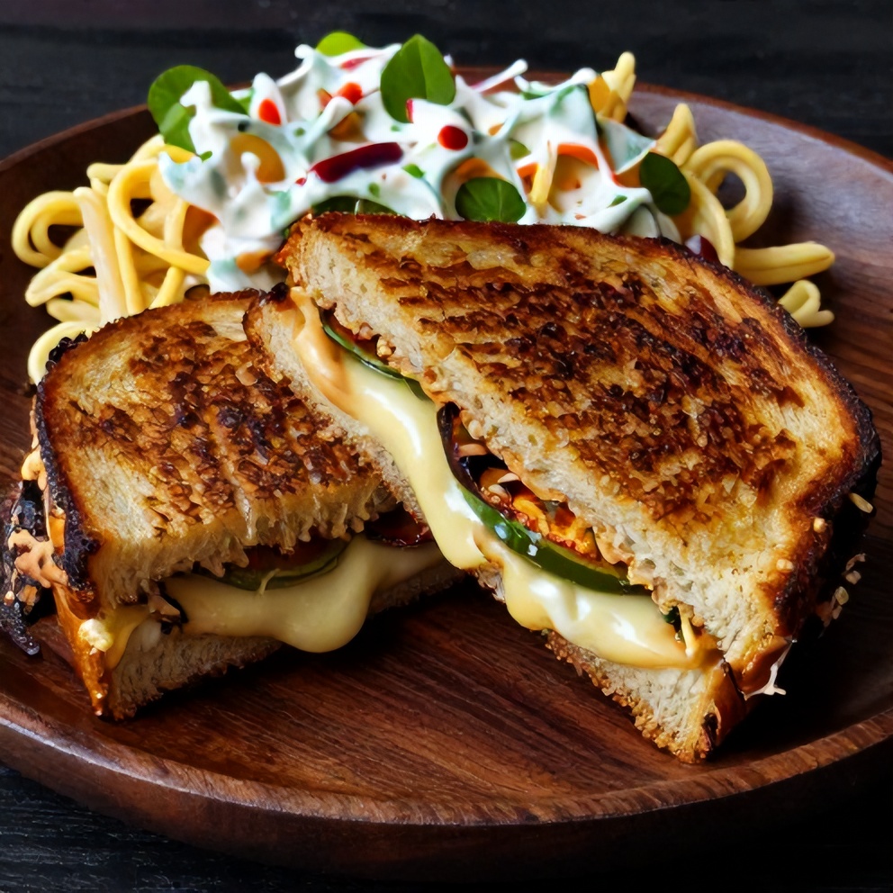 A perfect serving of Roasted Jalapeño Popper Grilled Cheese on a plate with a side of Cowboy Caviar Pasta Salad