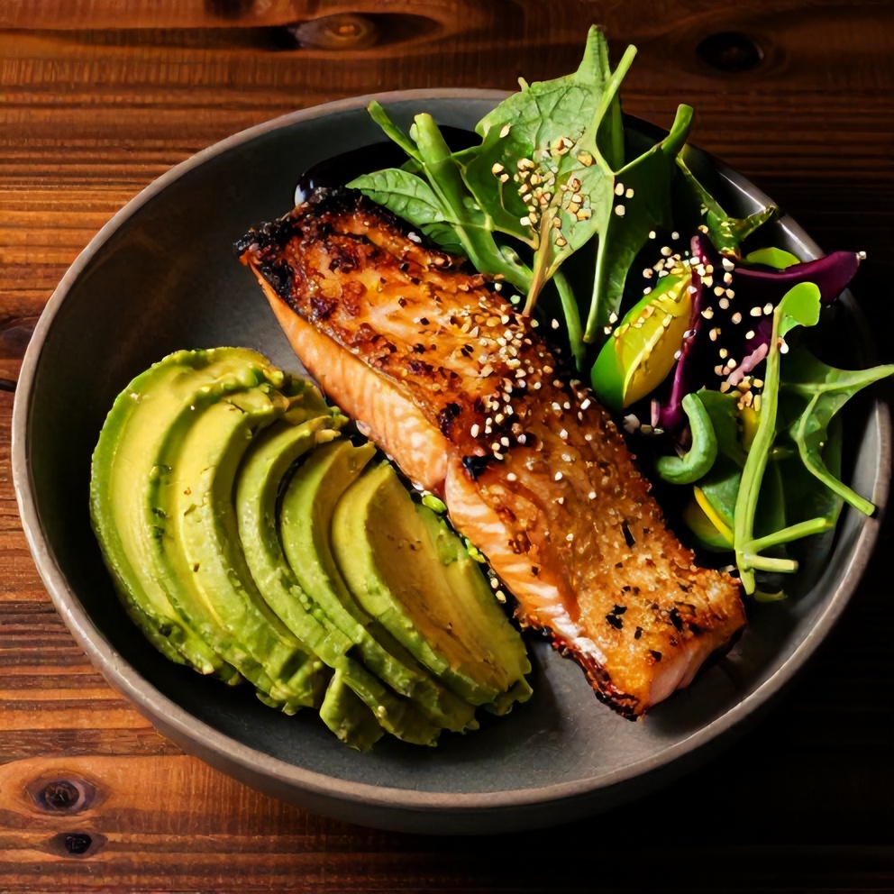Plated Crispy Salmon Bowl with crispy salmon and avocado