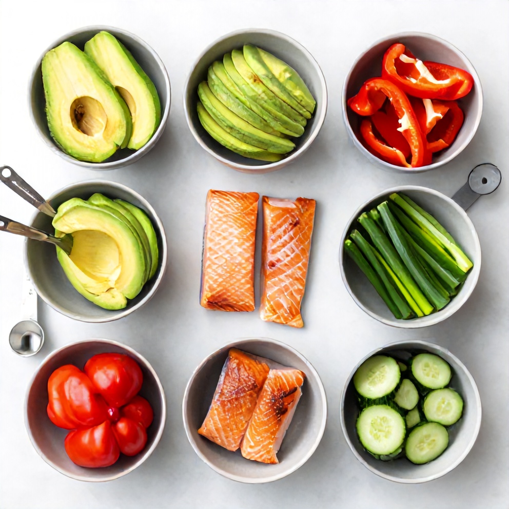 Raw ingredients for Crispy Salmon Bowls