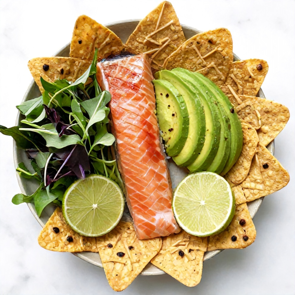 Raw ingredients for crispy salmon bowls: salmon fillets, avocado, lime, mixed greens, tortilla chips