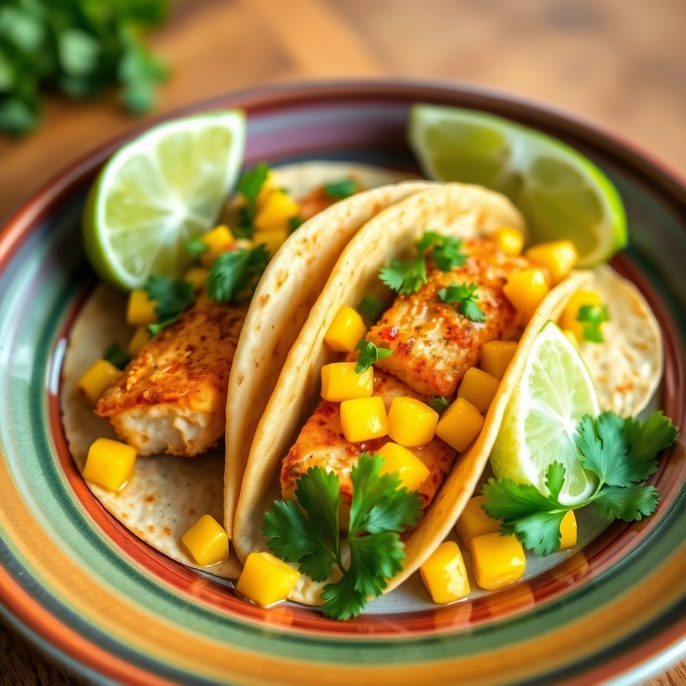 Plated salmon tacos with mango corn salsa on a colorful plate