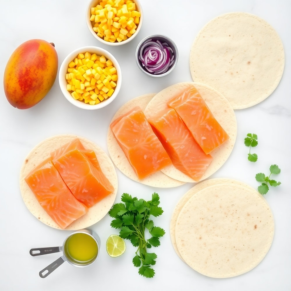 Raw ingredients for salmon tacos on a white marble surface