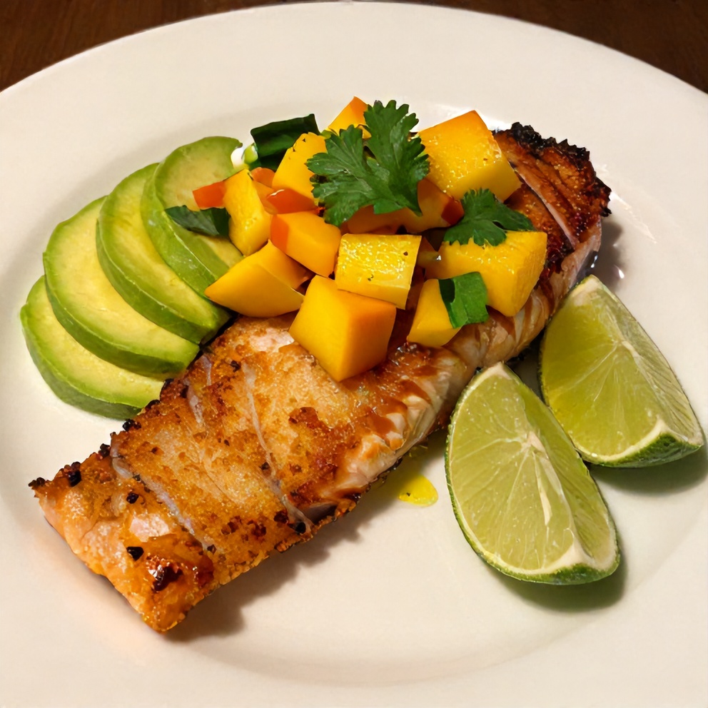 Plated crispy salmon with mango salsa on a white plate