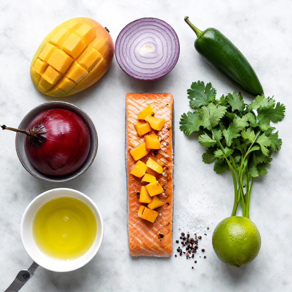 Raw ingredients for crispy salmon with mango salsa on a marble surface