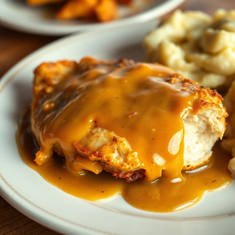 Plate of Smothered Chicken with a side of mashed potatoes