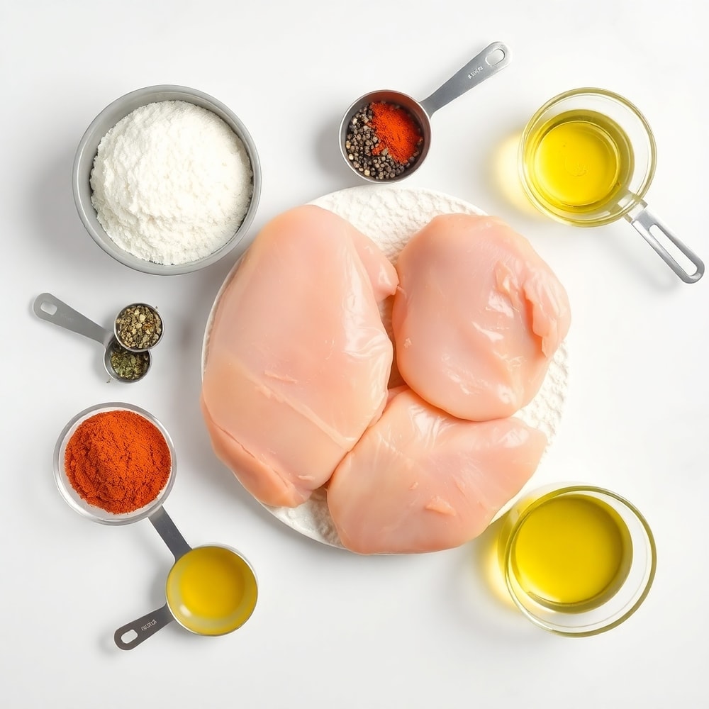 Raw ingredients for Smothered Chicken on a marble counter