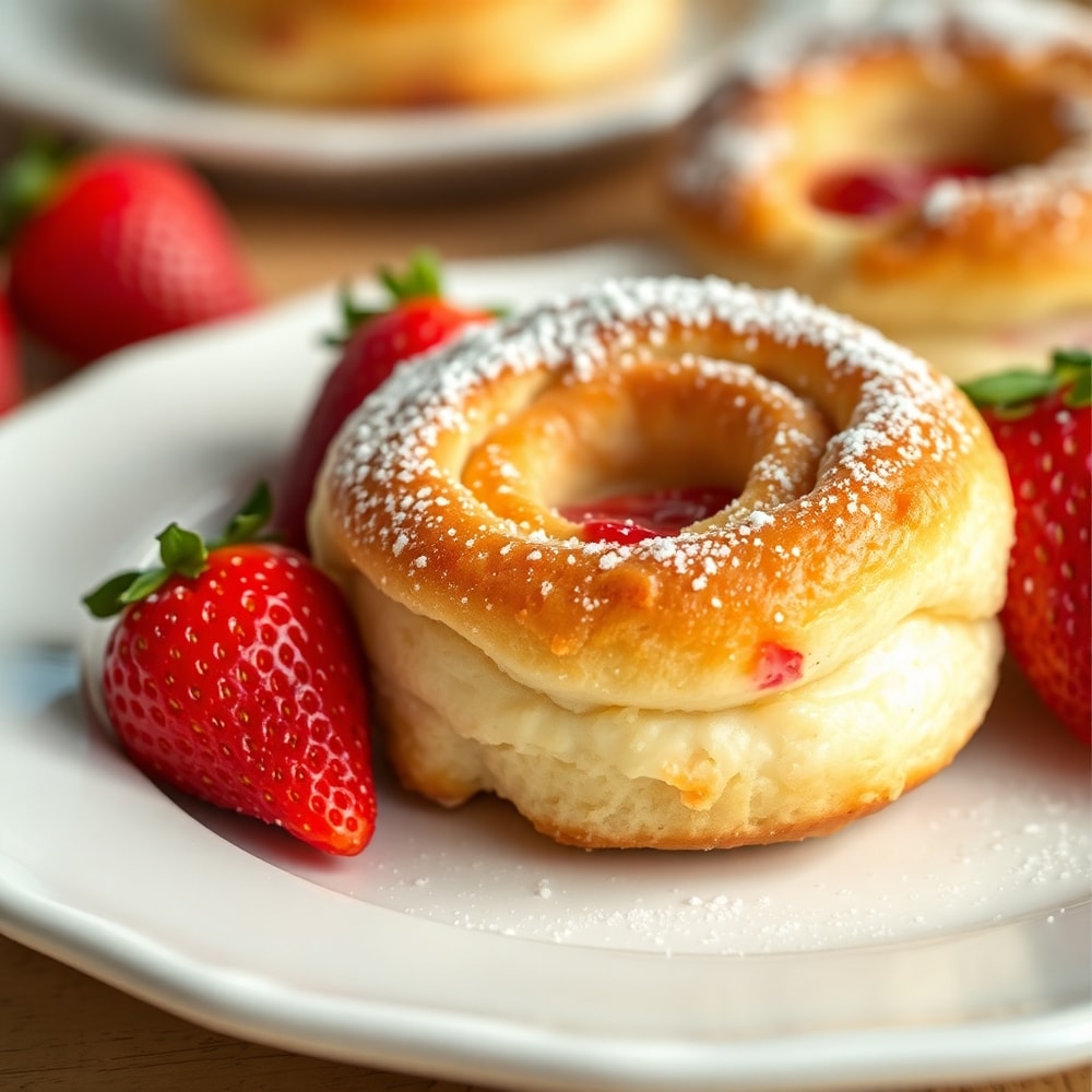 Plated serving of Crispy Strawberry Cheesecake Breakfast Rolls with fresh strawberries and powdered sugar